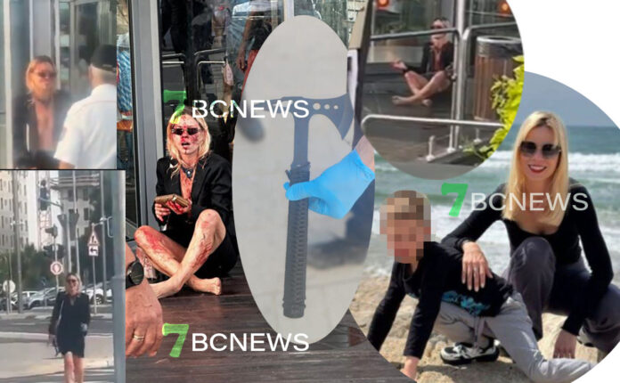 A collage depicting the tragic incident in Herzliya involving Sigal Itzkowitz. The images show Sigal Itzkowitz in various states of distress, an axe believed to be the weapon used, and a blurred image of her 6-year-old son Liam. The source is marked as 7BCNEWS.